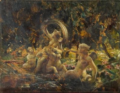 painting of a group of children playing in a wooded area