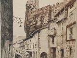 a drawing of a person walking down a street
