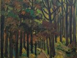 un tableau représentant une route dans les bois, bordée d'arbres de chaque côté