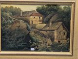 an oil painting of a village scene with a train passing by