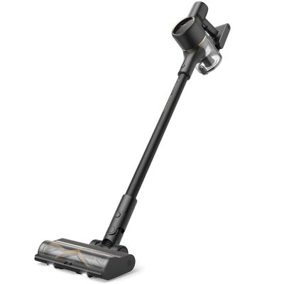 un aspirateur noir et argenté sur fond blanc
