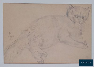 dessin représentant un chat assis sur ses pattes arrière devant un fond blanc