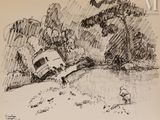 dessin représentant un bateau sur la rive d'une rivière, avec un homme debout à côté