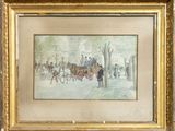 an image of a painting of a horse drawn carriage on a city street