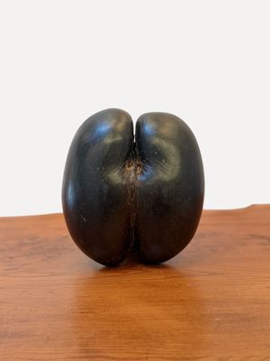 un objet noir posé sur une table en bois, avec un mur blanc en arrière-plan