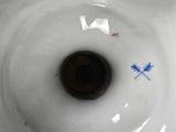 a close up view of a white porcelain bowl with blue flowers on it