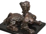 bronze sculpture of a dog and a cat on a marble base