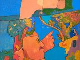 un tableau représentant un bébé avec un oiseau sur la tête