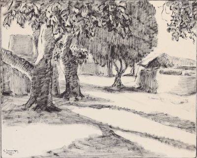 dessin au crayon représentant des arbres dans un parc, avec une clôture et un banc