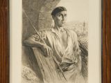 an image of a drawing of a man leaning against a wall