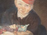painting of a boy with a red hat holding a plate of food