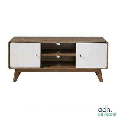 a close up of a tv stand with two drawers and a shelf