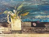 a painting of a potted plant on a ledge by the water