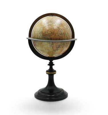 an image of a small globe on a stand on a white background
