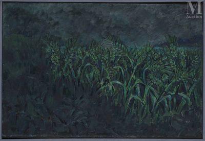 une peinture à l'huile représentant un champ de maïs sur fond sombre