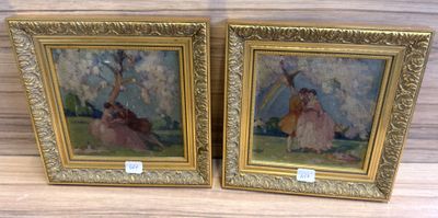 Paire d’huiles sur carton scènes romantiques cadres dorés 24…