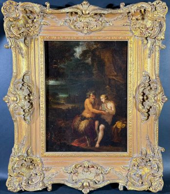 un tableau représentant un homme et une femme dans un décor boisé