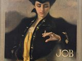 painting of a woman in a blue hat and yellow dress with a cigarette in her hand