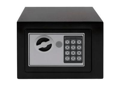 a close up of a small electronic safe box on a white background