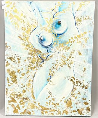 a painting of a white rabbit with gold spots on it ' s face