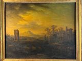 an oil painting of a landscape with a castle in the distance
