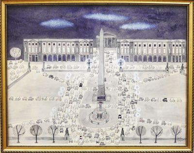 une peinture représentant un grand bâtiment avec une tour horloge au centre