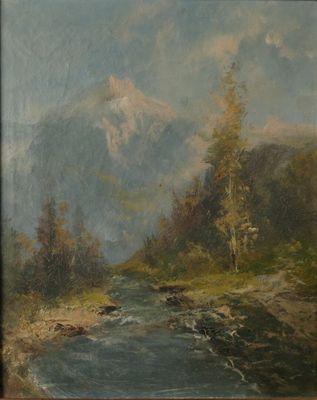 tableau représentant un paysage de montagne avec un ruisseau au premier plan et des arbres au premier plan