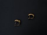a pair of gold earrings on a black background