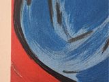a picture of a painting of a blue hat on a red background