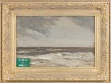 an image of a painting of a beach scene with a green box in the foreground