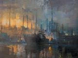peinture représentant une ville de nuit, avec un bateau au premier plan
