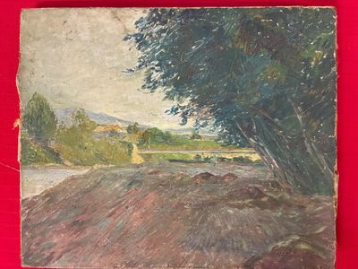 peinture représentant un paysage avec une route et des arbres sur fond rouge