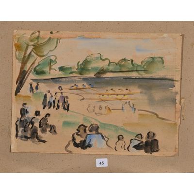 peinture d'un groupe de personnes assises sur une plage près d'un plan d'eau