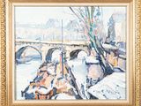 une image d'une peinture représentant un pont sur une rivière