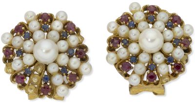 two pairs of pearl, ruby and gold earrings