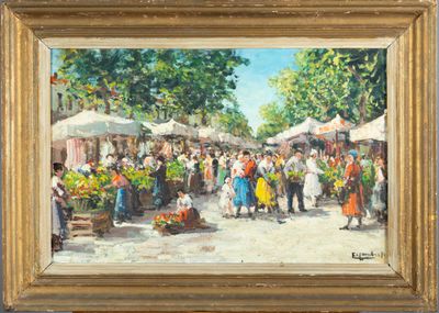 une peinture à l'huile représentant une scène de marché avec des gens qui s'y promènent