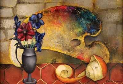 tableau représentant une nature morte avec une palette et des fleurs dans un vase noir