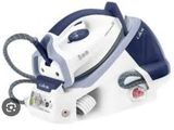 an image of a white and blue steam iron sitting on top of a table