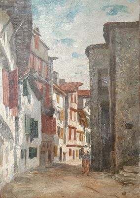 an oil painting of a street scene with buildings and a person walking down the street