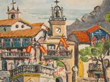 a painting of a town with a clock tower