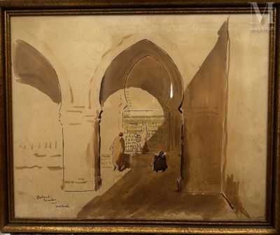 painting of a street scene with a man and a woman walking through an archway