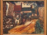 une peinture à l'huile représentant une calèche devant une grange