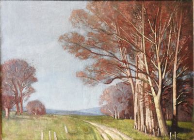 a painting of a country road with trees in the background