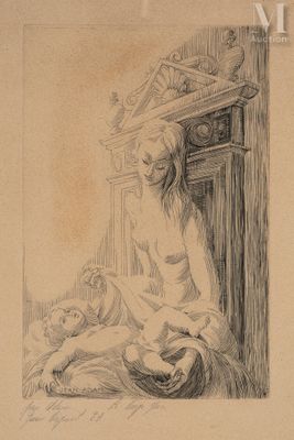 dessin représentant une femme assise sur un lit, un bébé sur les genoux
