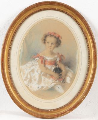 painting of a young girl in a white dress holding a teddy bear