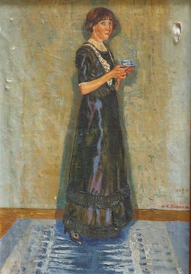 painting of a woman in a black dress holding a wine glass