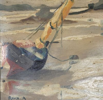 a painting of a sailboat on the beach by the water