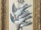 an image of a painting of birds with flowers in a gold frame