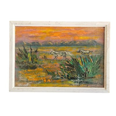 tableau représentant des chevaux galopant dans un champ, avec un coucher de soleil en arrière-plan