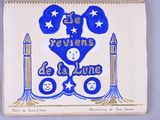 a blue and white sign with a rocket and stars on it